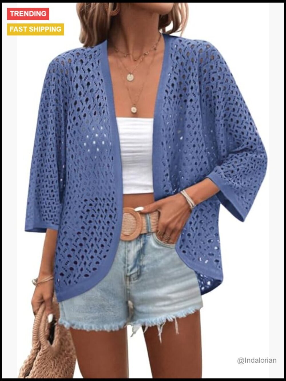 Lightweight Crochet Batwing Cardigan Open Front 3/4 Sleeve Boho Knit Cover Up
